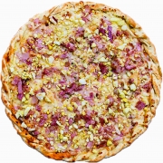 Salgadas: Bacon com Ovos - Pizza Família (Ingredientes: Bacon, Molho, Mussarela, Orégano, Ovo)