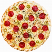 Salgadas: Pepperoni - Pizza Família (Ingredientes: Azeitona Verde, Molho, Mussarela, Orégano, Pepperoni)