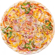 Salgadas: Portuguesa - Pizza Família (Ingredientes: Azeite de Oliva, Azeitona Verde, Bacon, Calabresa, Cebola, Milho, Molho, Mussarela, Orégano, Ovo, Parmesão, Pimentão, Presunto, Tomate)