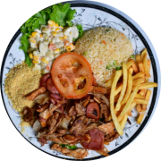 REFEIÇÕES E PETISCOS: GRELHADO ÍSCAS MISTA - íscas de carne frango e calabresa + fritas + arroz + farofa + maionese