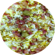 Tradicionais: Mista - Pizza Grande (Ingredientes: Azeitona, Bacon, Calabresa, Cebola, Mussarela, Orégano, Ovo)