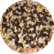 Sabores da galera!: Pizza do Birk - Pizza Grande (Ingredientes: Alho, Carne de Panela, Champignon, Gorgonzola, Molho de tomate, Mussarela, Orégano)