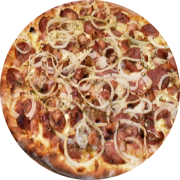Sabores da galera!: Pizza do Marcel - Pizza Grande (Ingredientes: Bacon, Calabresa, Cebola, Molho de tomate, Mussarela, Orégano)