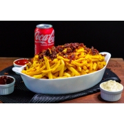 Porções: Batata Frita com cheddar e bacon grande - Aproximadamente 500g de batata, com cheddar e bacon