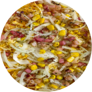 Tradicionais: Frangorela - Pizza Grande (Ingredientes: Bacon, Calabresa, Cebola, Frango, Milho, Mussarela, Orégano)