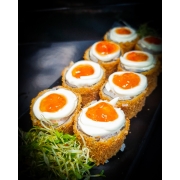 Hot Roll´s: Hot salmão com geleia - Enrolado de Alga, Arroz, Salmão, Cheese, Cebolinha Empanado, frito com geleia de pimenta
