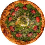 Tradicionais: Burrata - Pizza Individual (Ingredientes: Burrata, Creme Balsâmico Com Trufa Branca, Molho da Casa Com Tomates Pelados, Muçarela de Búfala, Pesto de Manjericão da Casa, Rúcula, Tomate Cereja)
