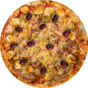 Tradicionais: Portuguesa - Pizza Individual (Ingredientes: Azeitonas Pretas, Cebola Roxa, Ervilha, Molho da Casa Com Tomates Pelados, Muçarela, Orégano, Ovos de Codorna, Presunto)