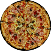 Especiais: Bella - Pizza Média 35cm (Ingredientes: Azeitona Verde, Lombo Canadense Defumado, Molho, Mozzarella, Orégano, Salpicado C/ Parmesão, Tomate Picado)