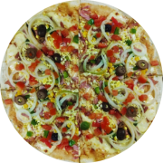 Clássicas: Portuguesa - Pizza Média 35cm (Ingredientes: Azeitona Preta, Calabresa, Cebola, Milho, Molho, Mozzarella, Orégano, Ovos, Pimentão, Presunto, Tomate)