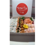 Combinados: 08- Combinado Império ( 44 uni ) - 10 sashimi salmão fresco, 12 uramaki ebi camarão, 8 niguri de camarão, 8 Joe salmão macaricado Ebi, 6 Hot ebi cheese
