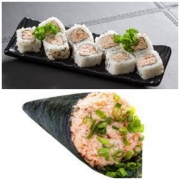 combos e combinados com temaki: 1 temaki grelhado + 8 uramaki grelhado - Combinado C/ Temaki (Ingredientes: cebolinha, temaki grelhado, uramaki grelhado)