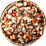 Doces: Sonho de Valsa com morango - Pizza Individual (Ingredientes: Ganache de Chocolate Meio Amargo, BomBom Sonho de Valsa, Morango)