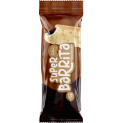 Picolé Recheado: Picolé Super Barrita - Sabor chocolate branco, com recheio de chocolate em barrinha, coberto com casquinha de chocolate branco e amendoim.
