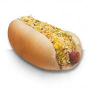 Hot Dog: Veggie - Hot Dog (Ingredientes: 1 Salsicha veggie, Batata Palha, Catchup, Ervilha, Maionese, Milho, Molho, Mostarda, Ovo, Pão, Queijo Ralado, Tempero Verde)