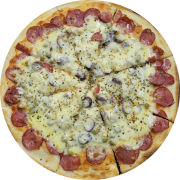 Especiais: Da Nonna - Pizza Pequena 25cm (Ingredientes: Azeitona Preta Fatiada, Calabresa em Rodelas, Ervilha, Molho, Mozzarela Por Cima, Orégano, Palmito, Salpicado C/ Alho Frito)