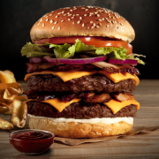 Linha Artesanal: Coliseu - 120g - Linha Jerragê (Ingredientes: Alface Americana, Burger de 2 Carnes Artesanais Grelhadas Com Sal Grosso, Cebola Roxa, Lascas de Bacon, Maionese, Pão Com Gergelim, Queijo Cheddar, Sache: Molho Barbecue, Tomates em Rodelas)