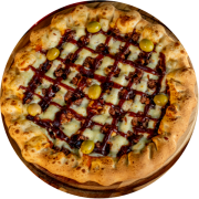 Especiais: Pizza de Costela - Pizza Pequena Brotinho (Ingredientes: Azeitonas, Catupiry, Costela Bovina Desfiada, Molho Barbecue, Molho de Tomate, Orégano)