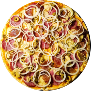 Tradicionais: Siciliana - Pizza Individual (Ingredientes: Azeitona, Bacon, Calabresa, Cebola, Champignon, Molho Pomodoro, Mussarela, Orégano)