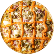 Tradicionais: Francesa - Pizza Média (Ingredientes: Azeitona, Champignon, Cheddar, Molho Pomodoro, Mussarela, Orégano, Ovos, Presunto)