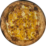 Tradicionais: CARBONARA - Pizza Grande (Ingredientes: Bacon, Bacon Artesanal, Fonduta di Parmegiano, Muçarela Fior di latte, Ovo, Pimenta do reino, Queijo Grana Padano)