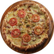 1,100: Siciliana - Pizza Grande 1,1kg (Ingredientes: Azeitona, Bacon, Champignon, Molho de Tomate, Mussarela, Orégano, Rodelas de Tomate)