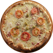 1,100: Bacon - Pizza Grande 1,1kg (Ingredientes: Azeitonas, Bacon, Molho de Tomate, Mussarela, Orégano, Rodelas de Tomate)