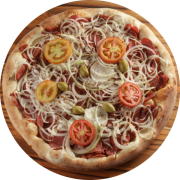 1,100: Calabresa - Pizza Grande 1,1kg (Ingredientes: Azeitonas, Calabresa, Cebola, Molho de Tomate, Orégano, Rodelas de Tomate)
