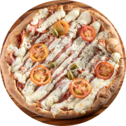 1kg: Calabresa c/ Catupiry - 1kg (Ingredientes: azeitonas, Calabresa fatiada, catupiry, molho de tomate, oregano, Rodelas de tomate)