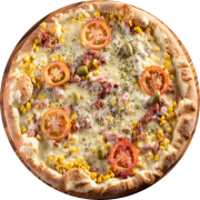 1,100: Mexicana - Pizza Grande 1,1kg (Ingredientes: Azeitonas, Bacon, Milho, Molho de Tomate, Mussarela, Orégano, Rodelas de Tomate)