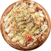 1,100: Pizzaiolo - Pizza Grande 1,1kg (Ingredientes: Azeitonas, Catupiry, Cebola, Lombo Canadense, Molho de Tomate, Orégano, Parmesão, Rodelas de Tomate)