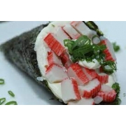 Temakis: Temaki kani - Temaki Tradicional (Ingredientes: Arroz, Cebolinha, Cream Cheese, Kani)