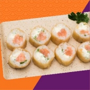 Hot Rolls: hot haru c 8 uni. - hot roll com massa de harumaki , salmão , creeam cheese , arroz , tare , cebolinha , gergelim moido
