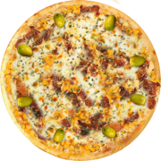 Atrativos da Casa: 428-Cello - Pizza Broto (Ingredientes: Alho Frito, Azeitonas, Bacon, Frango, Milho, Molho Barbecue, Mussarela, Orégano)
