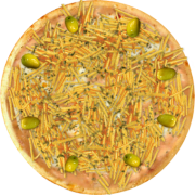 Aves: 104-Strogonoff de Frango - Pizza Broto (Ingredientes: Azeitonas, Batata Palha, Molho de Tomate, Mussarela, Orégano, Strogonoff de Frango)