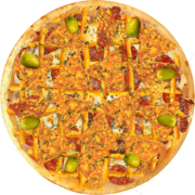 Atrativos da Casa: 53-Doritos - Pizza Grande (Ingredientes: Azeitonas, Bacon, Doritos, Molho de Tomate, Mussarela, Orégano, Pepperoni, Queijo Cheddar)