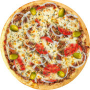 Atrativos da Casa: 364-PizzaBurguer Bacon - Pizza Broto (Ingredientes: Azeitonas, Bacon, Cebola, Hambúrguer Bov, Maionese, Molho Barbecue, Mussarela, Orégano, Tomate)