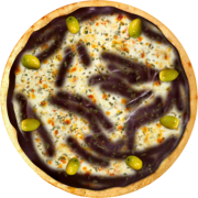 Queijos: 108-Barbecue - Pizza Grande (Ingredientes: Azeitonas, Coberto Com Mussarela, Molho Barbecue, Orégano)