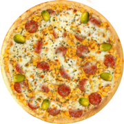 Aves: 590-Calafrango - Pizza Broto (Ingredientes: Azeitonas, Calabresa, Frango Temperado, Molho de Tomate, Orégano, Queijo Mussarela)