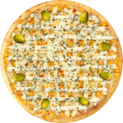 Aves: 589-Carabina - Pizza Broto (Ingredientes: Azeitonas, Catupiry Original, Frango, Milho, Molho de Tomate, Mussarela, Orégano)