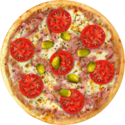 Embutidos: 09-Bauru - Pizza Broto (Ingredientes: Azeitonas, Molho de Tomate, Mussarela, Orégano, Presunto Desfiado, Tomate)