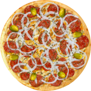 Embutidos: 13-Calabresa - Pizza Broto (Ingredientes: Azeitonas, Calabresa, Cebola, Molho de Tomate, Orégano)