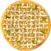 Aves: 21-Frango C/ Catupiry Original - Pizza Broto (Ingredientes: Azeitonas, Catupiry Original, Frango Temperado, Milho, Molho de Tomate, Orégano)