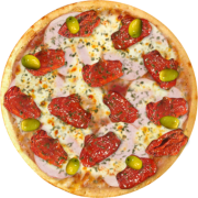 Aves: 28-Peito de Peru - Pizza Broto (Ingredientes: Azeitonas, Molho de Tomate, Mussarela, Orégano, Peito de Peru, Tomate Seco)