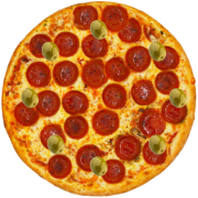 Embutidos: 29-Pepperoni - Pizza Broto (Ingredientes: Azeitonas, Molho de Tomate, Mussarela, Orégano, Pepperoni)