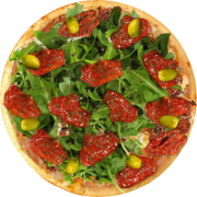 Legumes Vegetais: 34-Rúcula - Pizza Broto (Ingredientes: Azeitonas, Bacon em Cubos, Folhas de Rúcula, Molho de Tomate, Orégano, Queijo Mussarela, Tomate Seco)