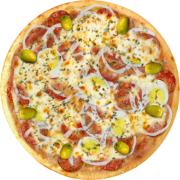 Embutidos: 37-Toscana - Pizza Broto (Ingredientes: Azeitonas, Calabresa, Cebola, Molho de Tomate, Mussarela, Orégano, Ovos)
