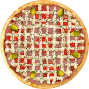 Embutidos: 549-Lombecue - Pizza Broto (Ingredientes: Azeitonas, Catupiry Original, Lombo, Molho Barbecue, Mussarela, Orégano, Tomate)
