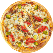 Embutidos: 553-Camponês - Pizza Broto (Ingredientes: Azeitonas, Bacon, Milho, Molho de Tomate, Mussarela, Orégano, Ovos, Tomate)