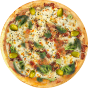 Legumes Vegetais: 564-Bróc Bacon - Pizza Broto (Ingredientes: Azeitonas, Bacon em Cubos, Brócolis, Molho de Tomate, Mussarela, Orégano)